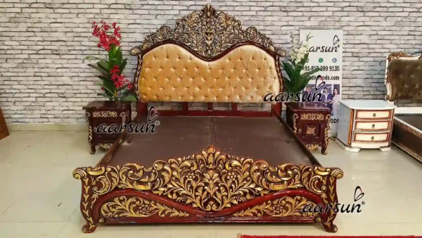Royal-Wooden-Bed-With-Tufted-headboard-and-golden-Highlights