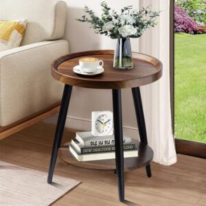 Small Round Side Table, 2-Tier Mid Century Modern Side Table, Round End Table Small Side Table for Living Room, Metal Frames,