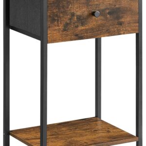VASAGLE Nightstand, Side Table with Fabric Drawer, 24-Inch Tall End Table with Storage Shelf, Bedroom, Rustic Brown and Black