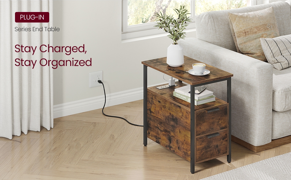 Side Table with Charging Station, Narrow End Table with 2 Drawers, Slim Nightstand